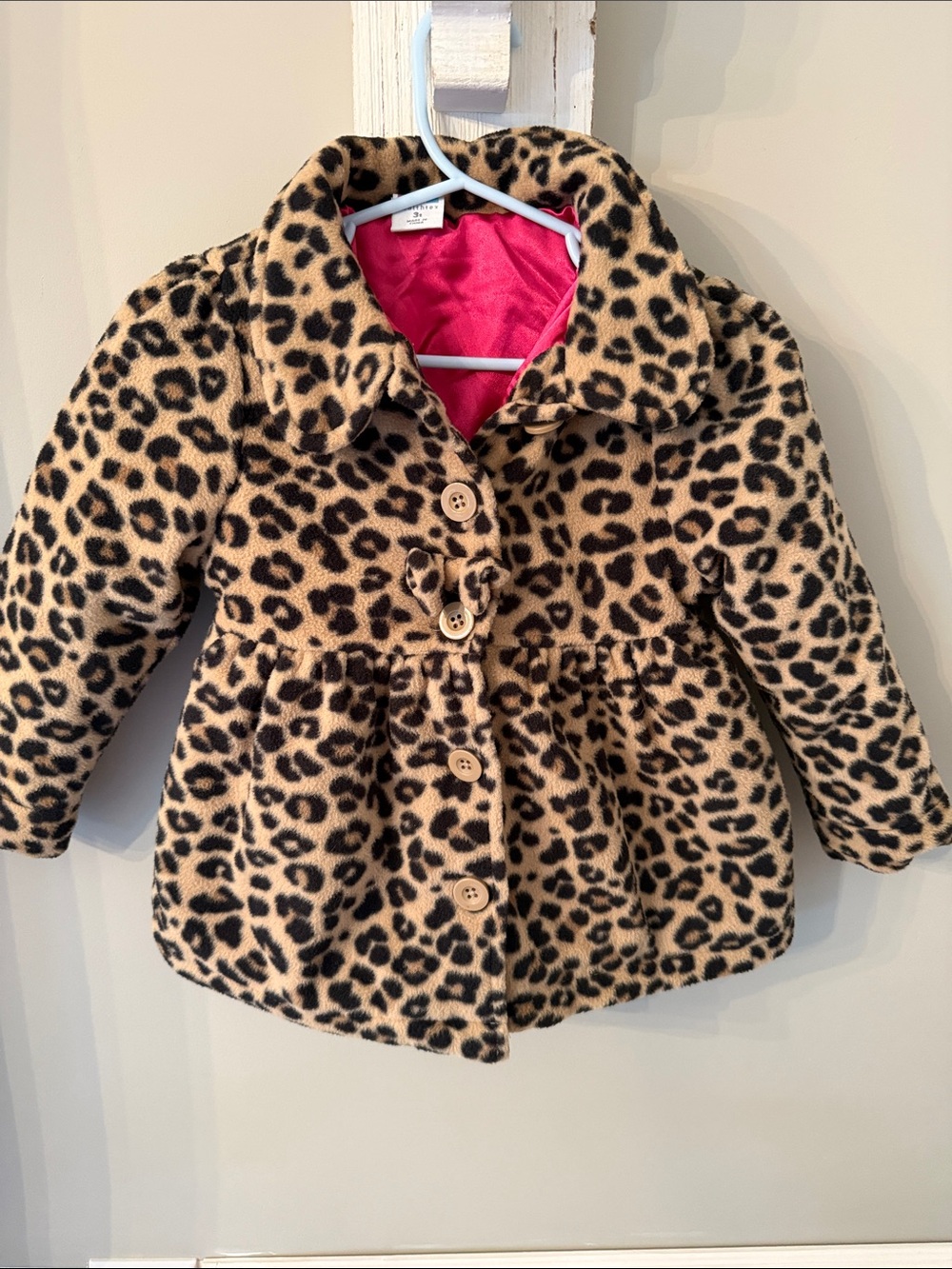 Girls Leopard Pea Coat with Pink Lining